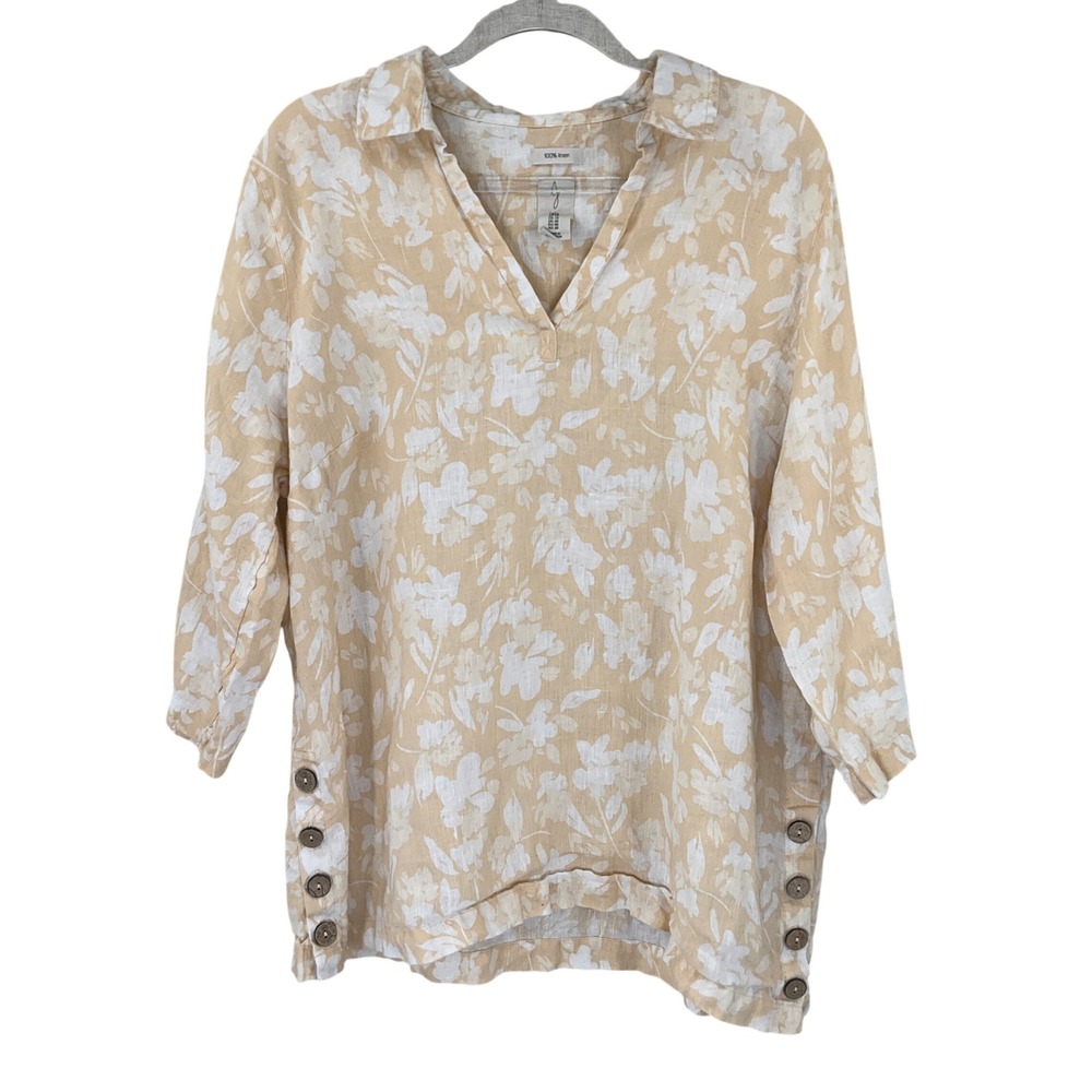 Joie Top Sz 1X Beige Floral Linen 3/4‎ Sleeve Button Side Coastal Travel Beach